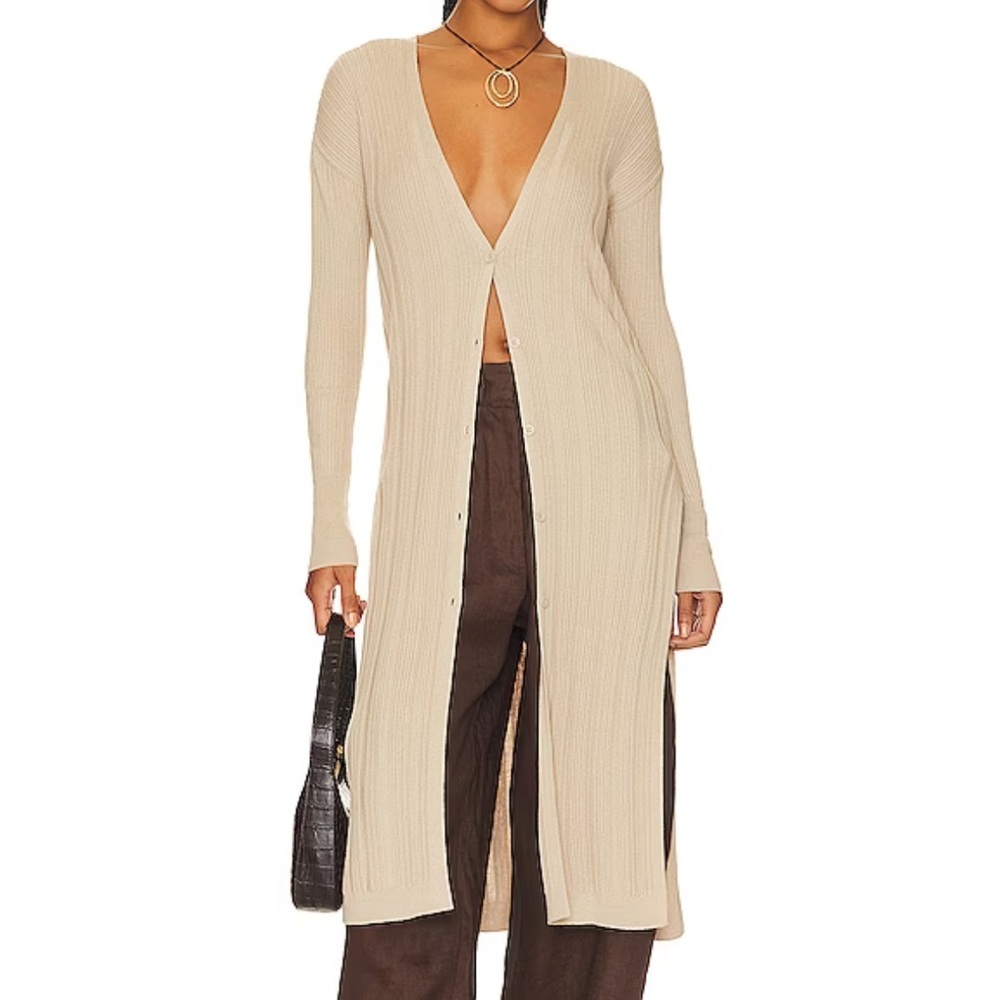 Free People Long Ribbed Button-Front Cardigan in Beige